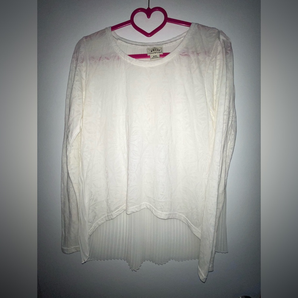 ARIAT Mixed Media High Low Blouse Top  White Pleated Chiffon Back Size Medium